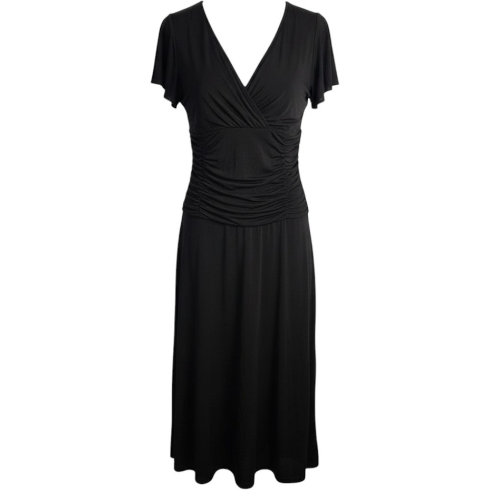 Dressbarn Midi Dress Women 4 Black Ruched V-Neck Flutter Sleeve A-Line